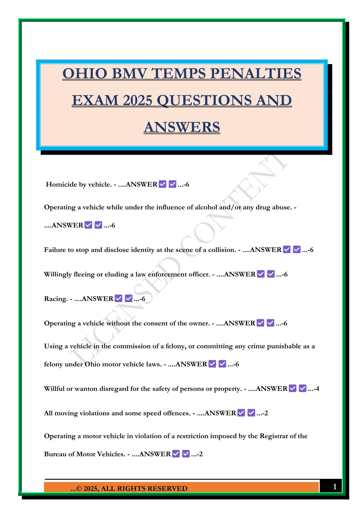 OHIO BMV TEMPS PENALTIES EXAM 2025 QUESTIONS AND ANSWERS