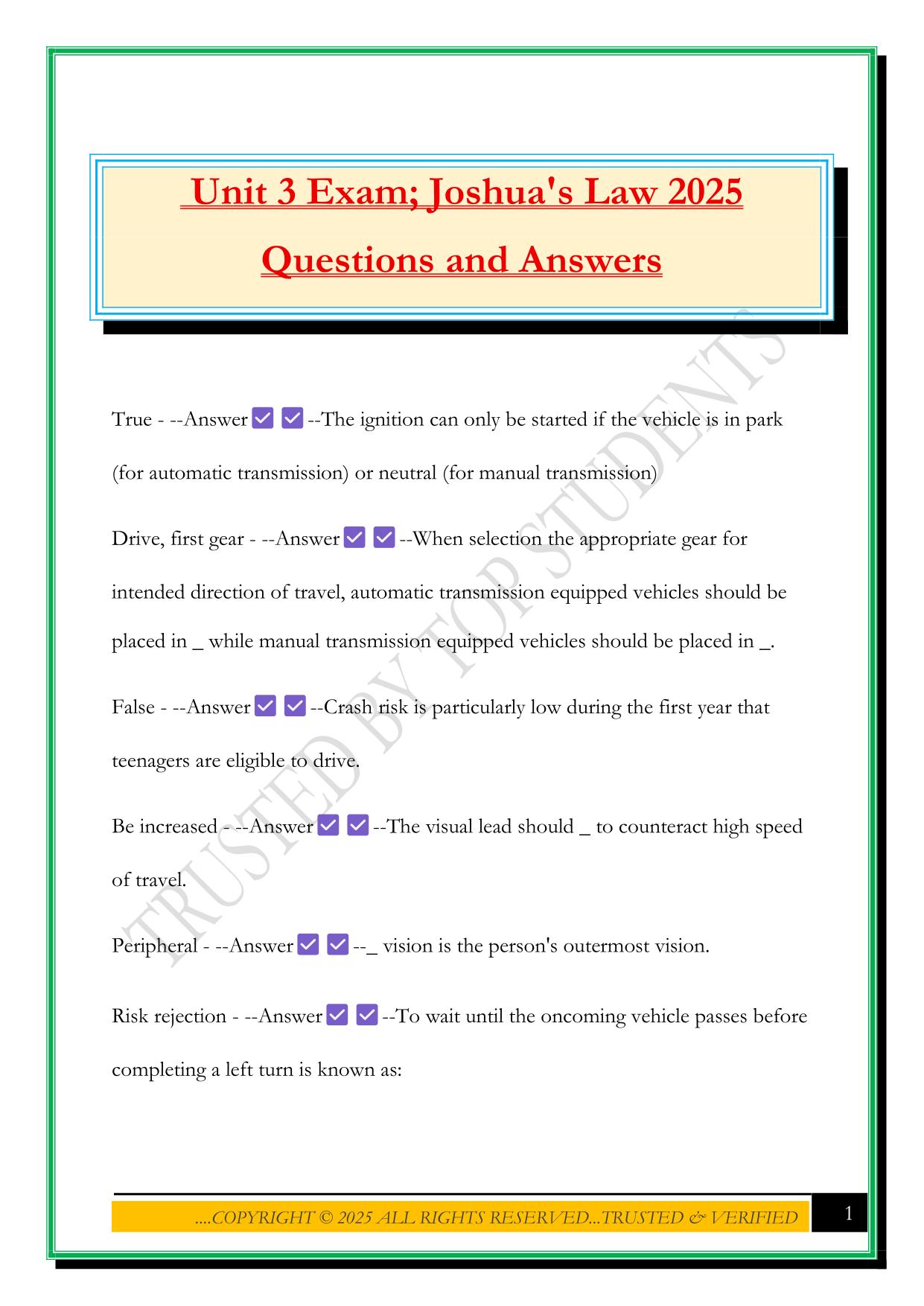 Unit 3 Exam; Joshua's Law 2025 Questions and Answers