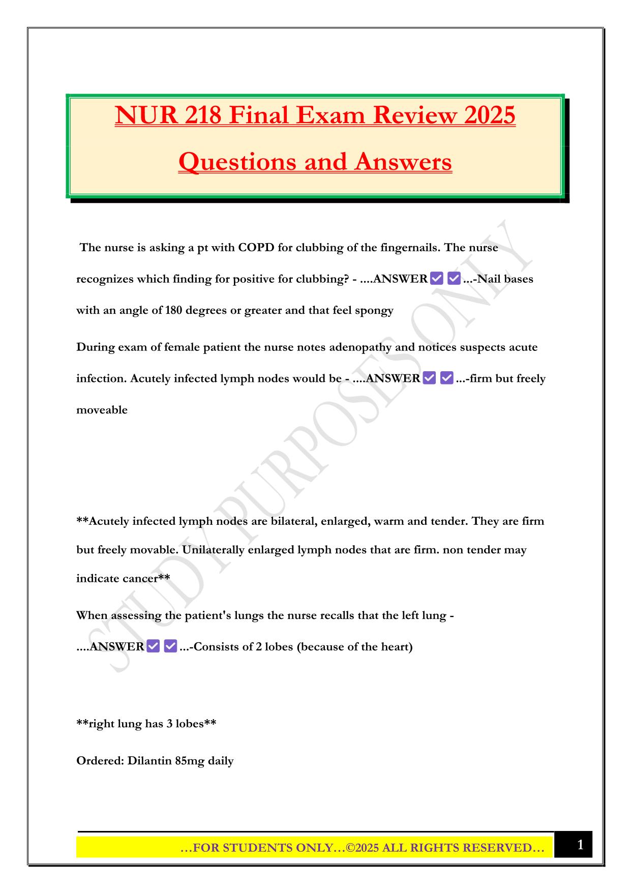 NUR 218 Final Exam Review 2025 Questions and Answers