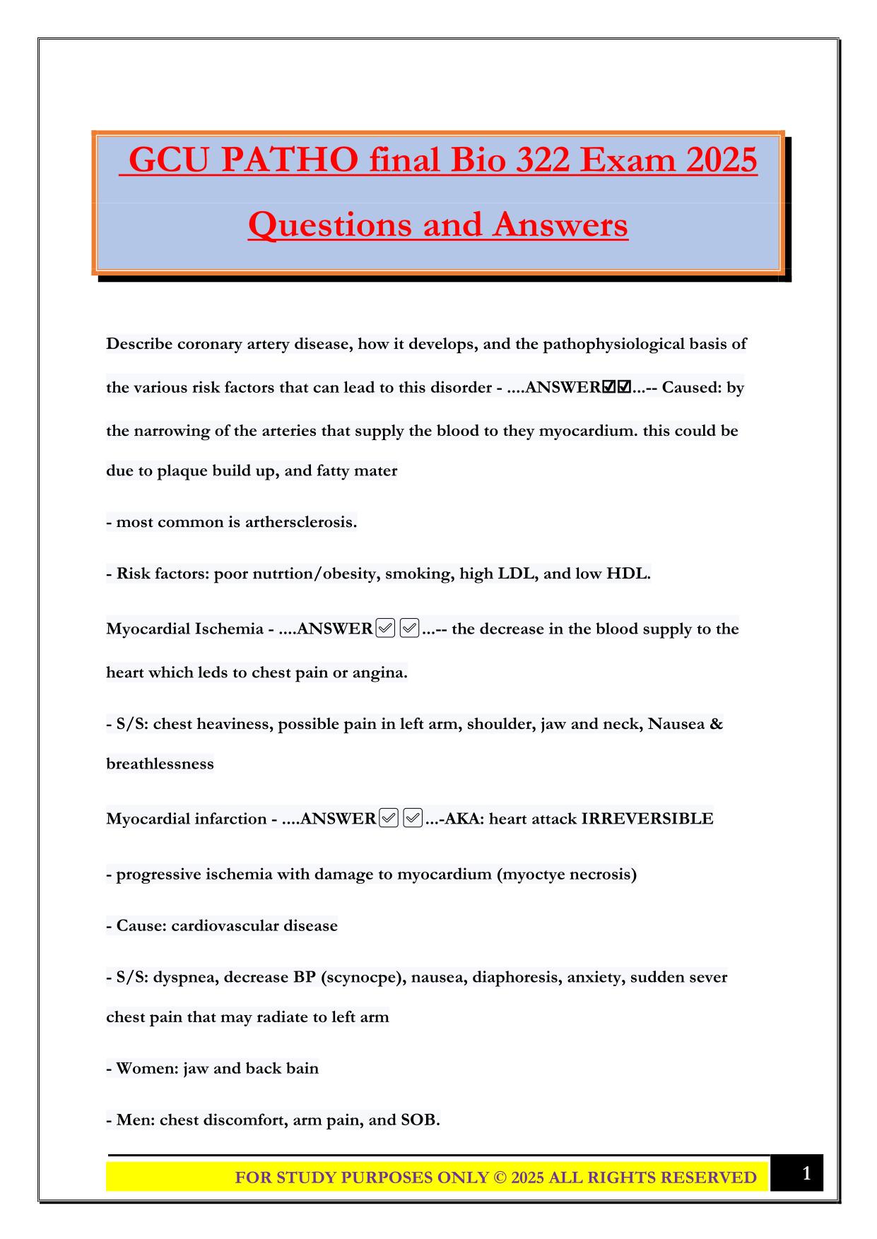 GCU PATHO final Bio 322 Exam 2025 Questions and Answers