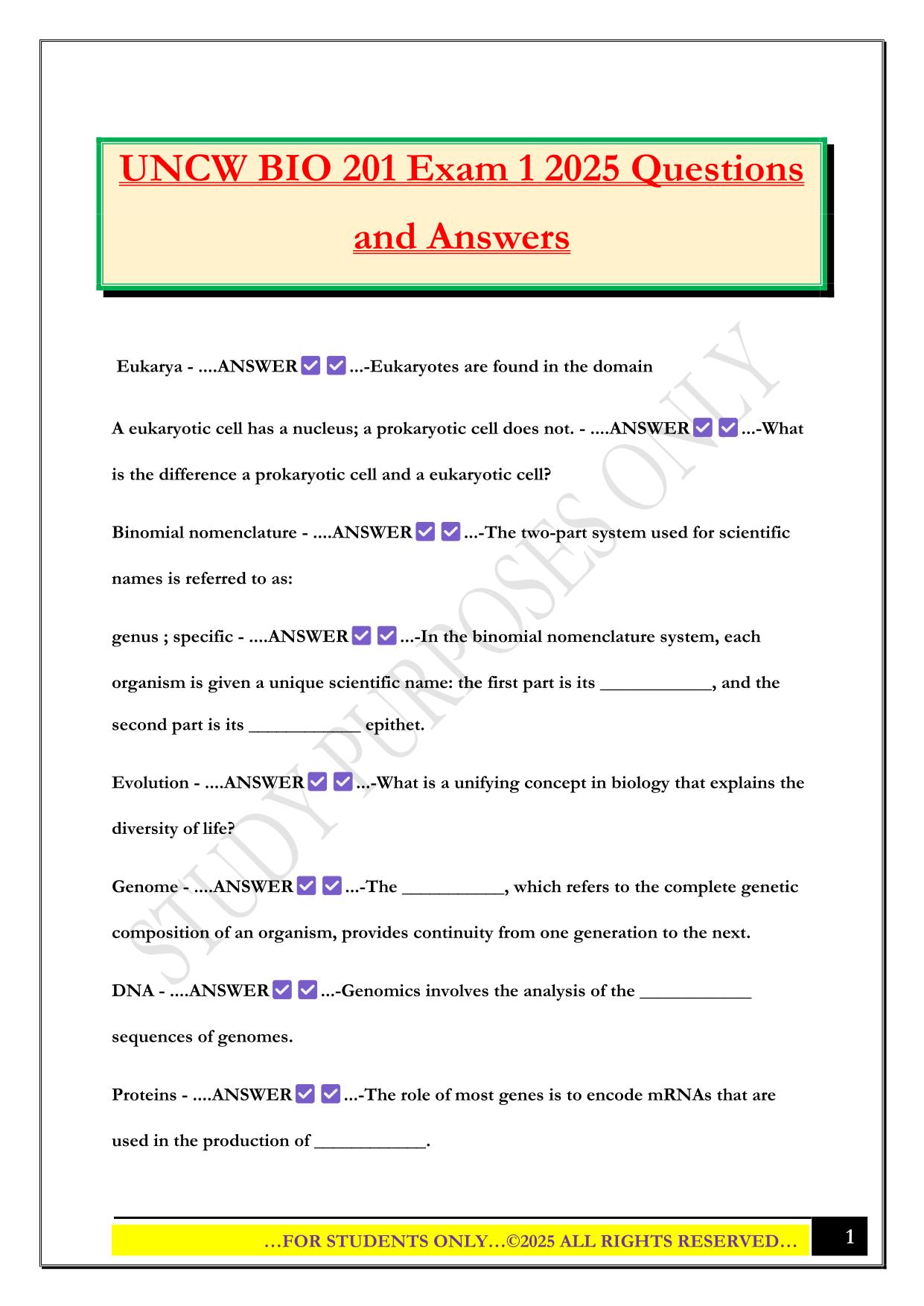 UNCW BIO 201 Exam 1 2025 Questions and Answers