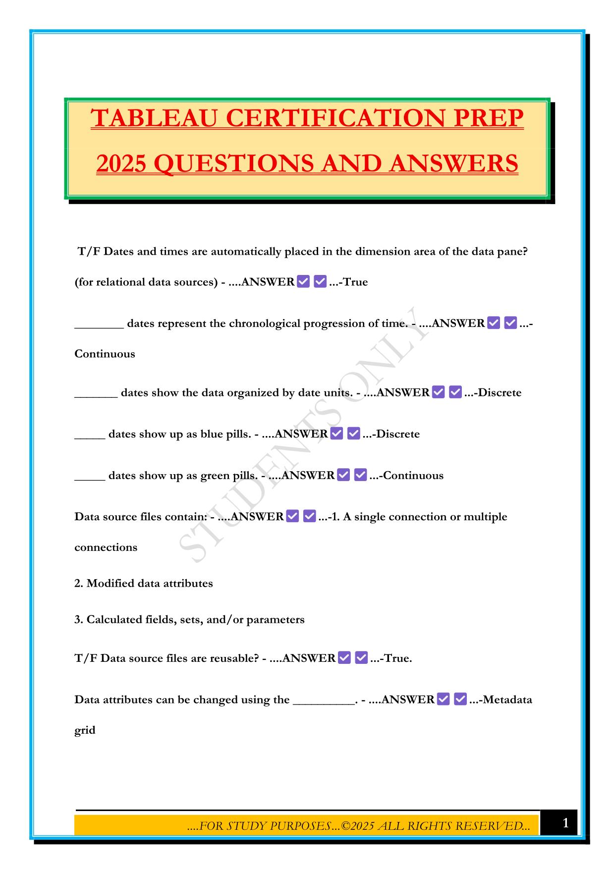 TABLEAU CERTIFICATION PREP 2025 QUESTIONS AND ANSWERS