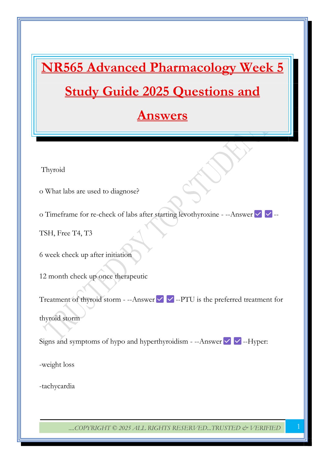 NR565 Advanced Pharmacology Week 5 Study Guide 2025 Questions and Answers