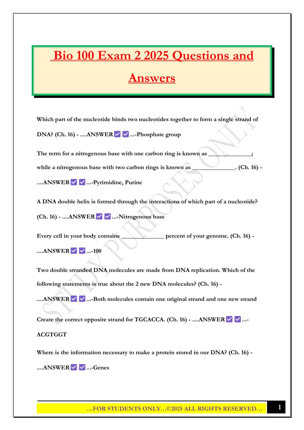 Bio 100 Exam 2 2025 Questions and Answers
