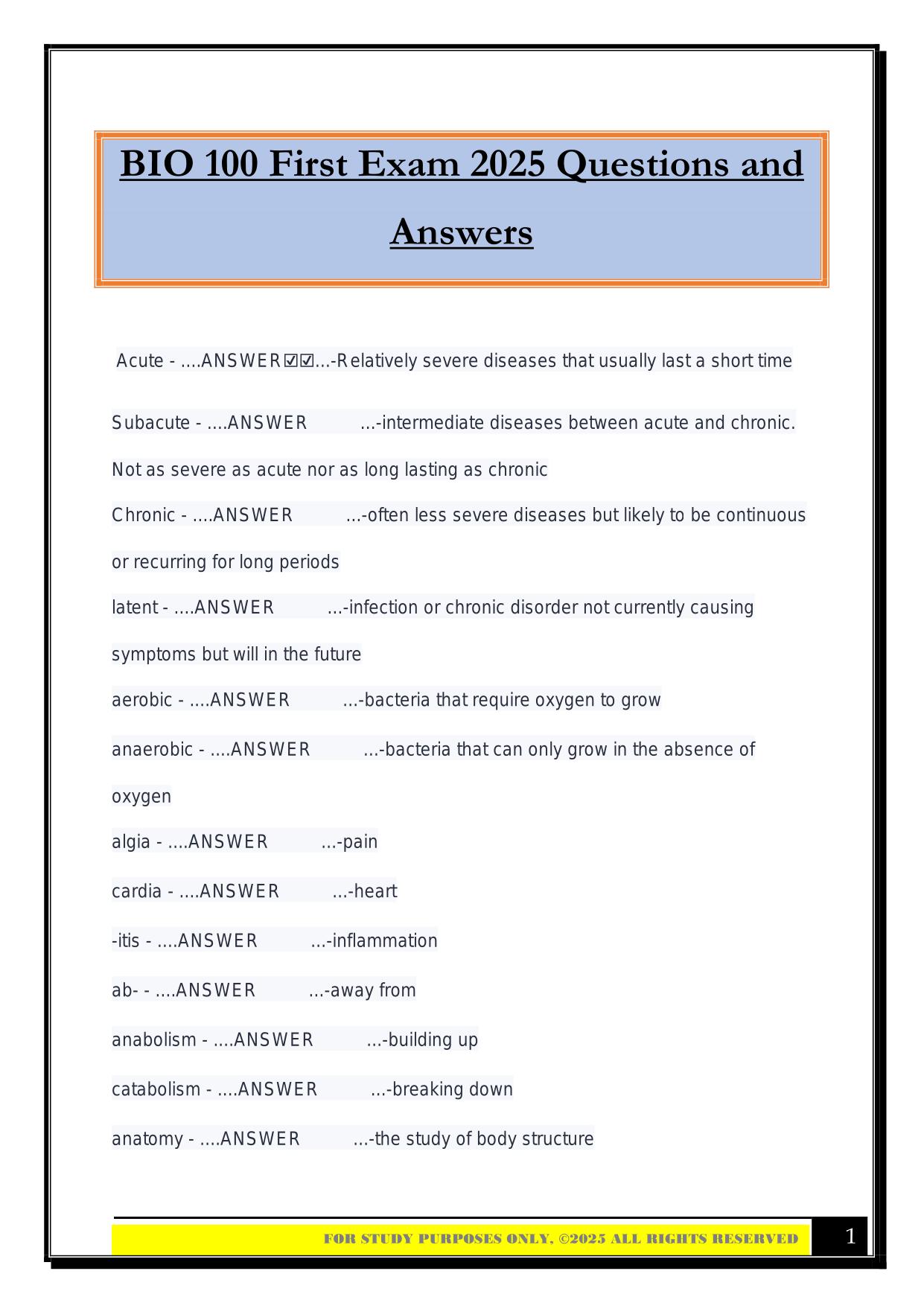 BIO 100 First Exam 2025 Questions and Answers