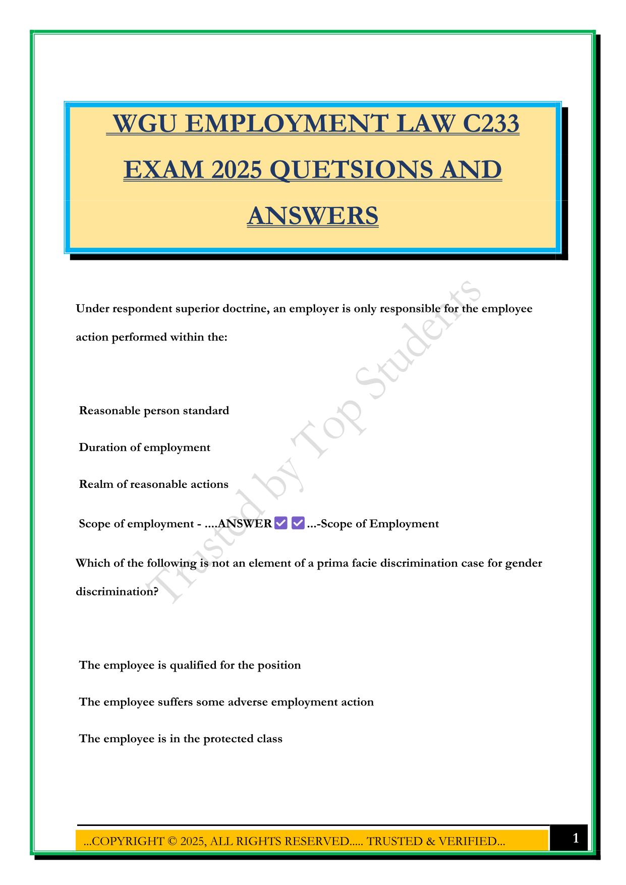 WGU EMPLOYMENT LAW C233 EXAM 2025 QUETSIONS AND ANSWERS