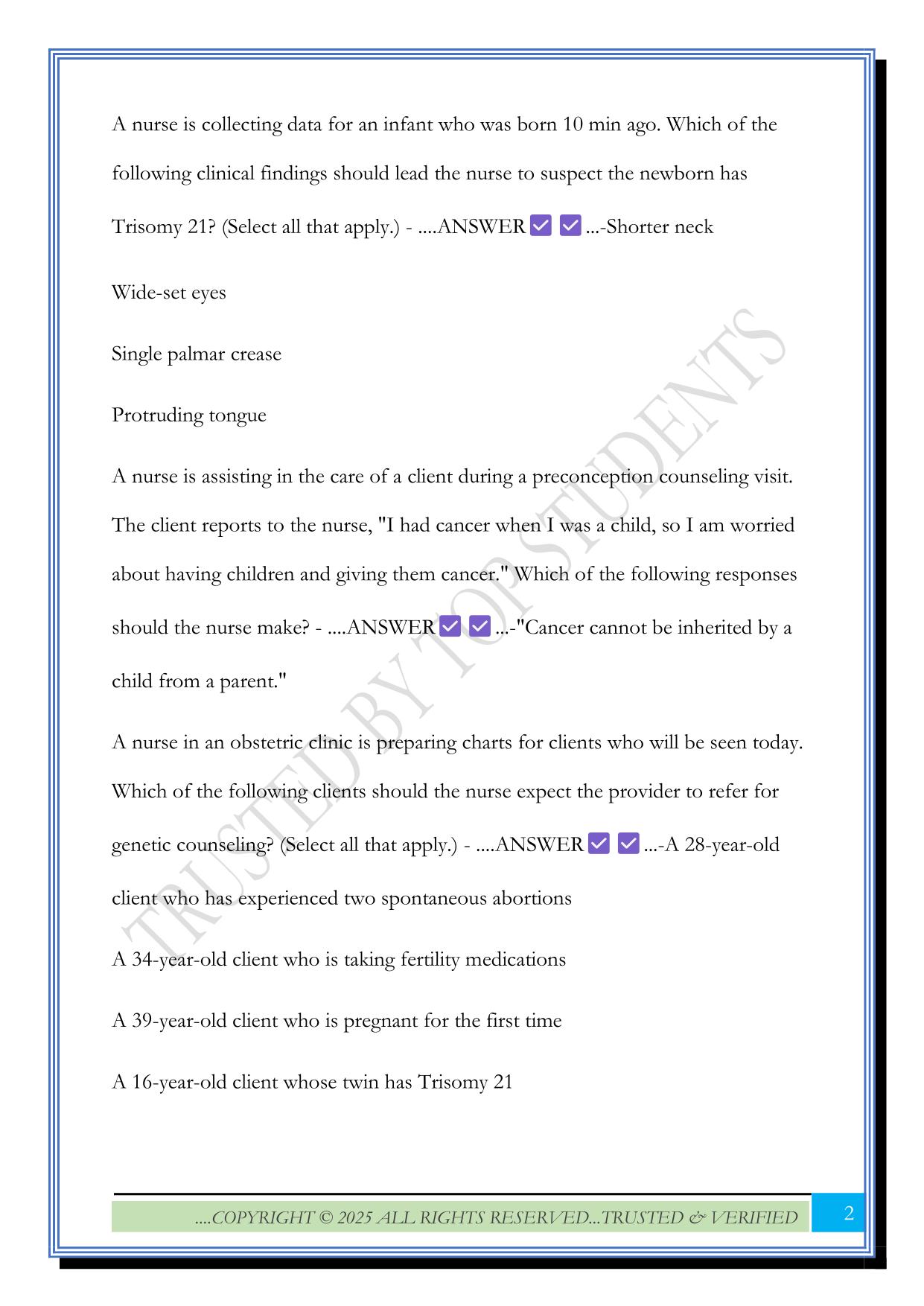 ATI PN Genetics and Genomics in Maternal Newborn Care Assessment Exam 2025 Questions and Answers |100% Solved