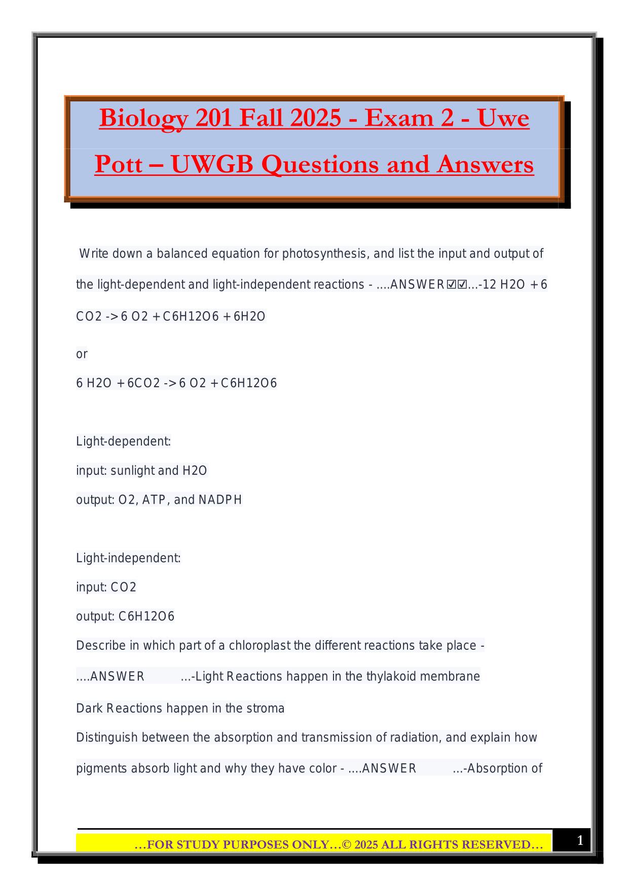 Biology 201 Fall 2025 - Exam 2 - Uwe Pott – UWGB Questions and Answers