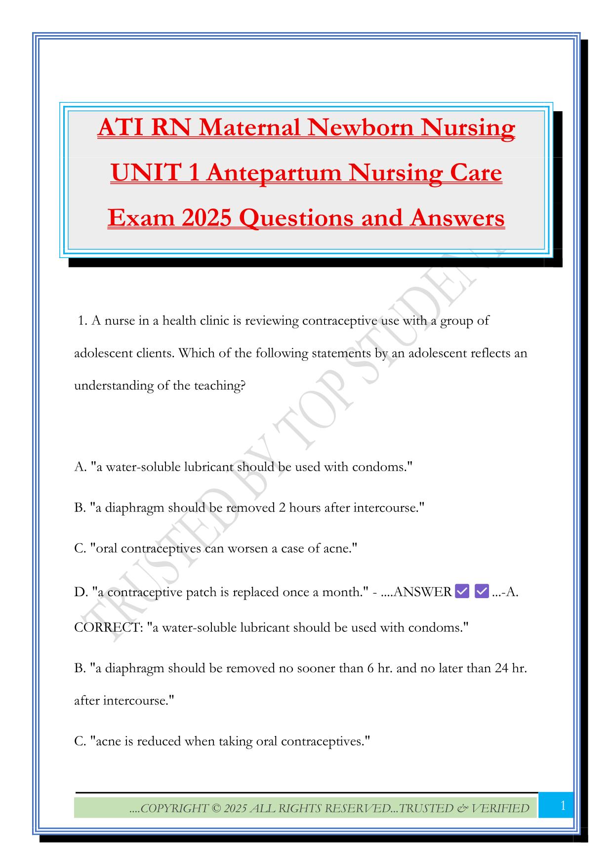 ATI RN Maternal Newborn Nursing UNIT 1 Antepartum Nursing Care Exam 2025 Questions and Answers