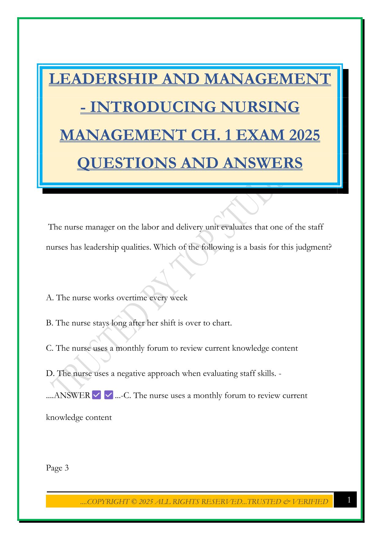 LEADERSHIP AND MANAGEMENT - INTRODUCING NURSING MANAGEMENT CH. 1 EXAM 2025 QUESTIONS AND ANSWERS