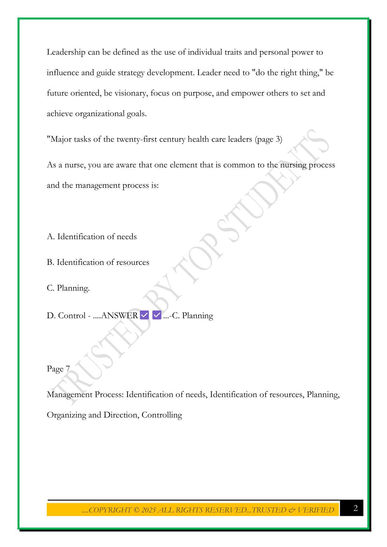 LEADERSHIP AND MANAGEMENT - INTRODUCING NURSING MANAGEMENT CH. 1 EXAM 2025 QUESTIONS AND ANSWERS
