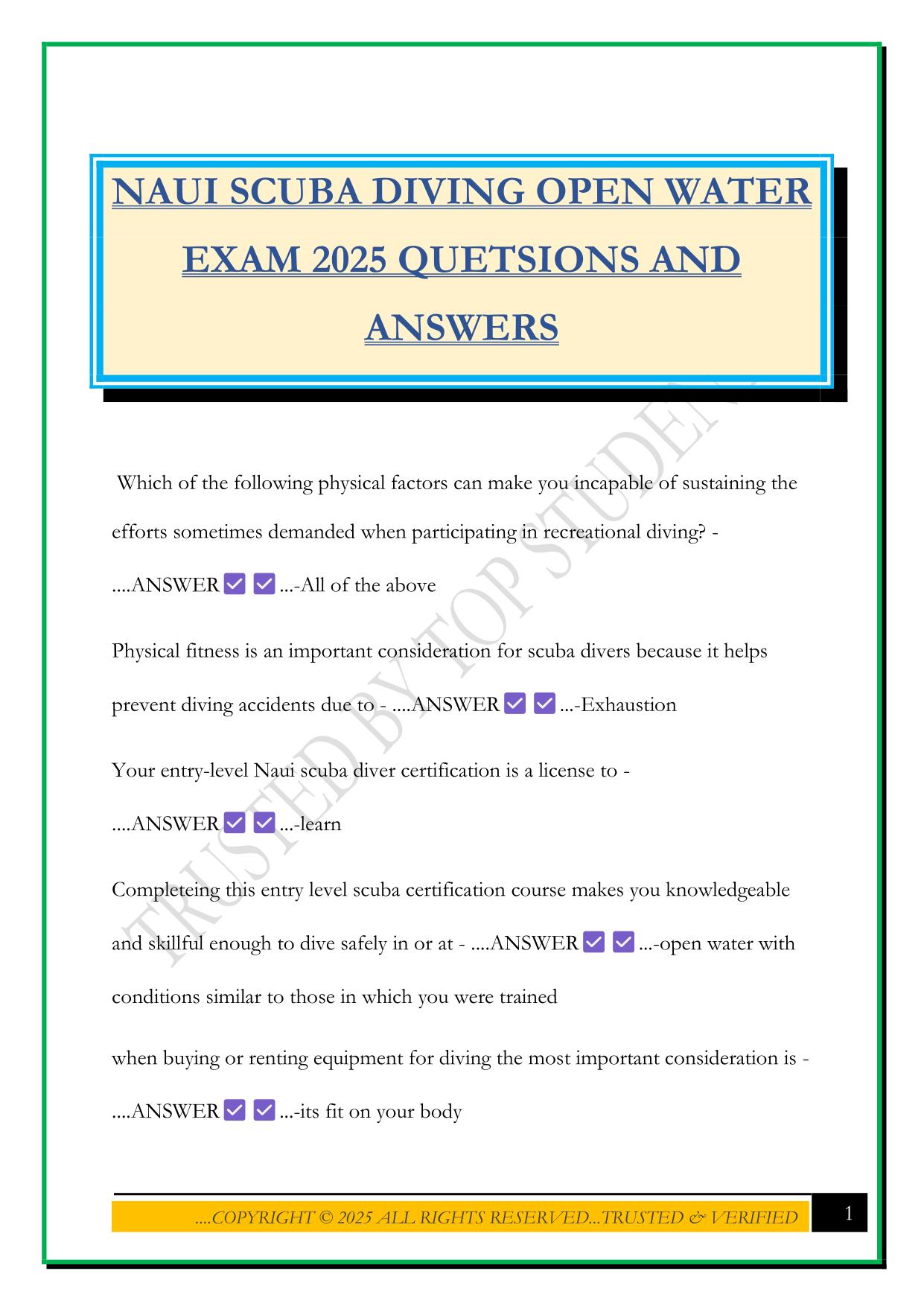 NAUI SCUBA DIVING OPEN WATER EXAM 2025 QUETSIONS AND ANSWERS