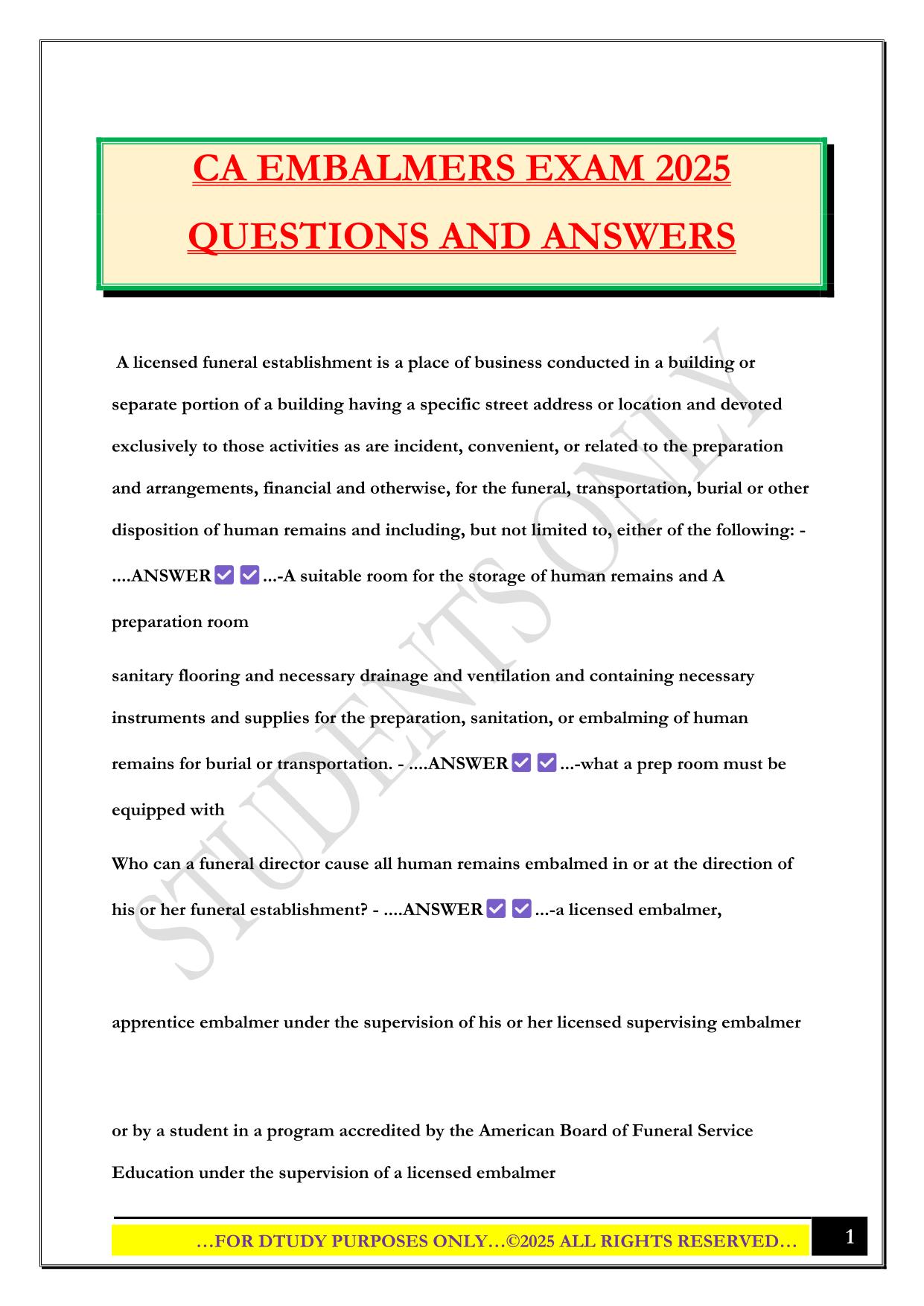 CA EMBALMERS EXAM 2025 QUESTIONS AND ANSWERS