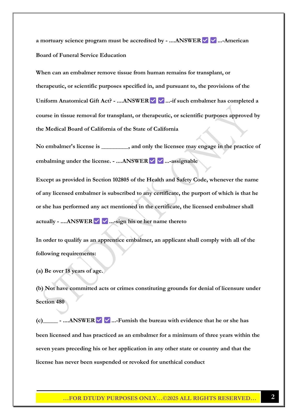 CA EMBALMERS EXAM 2025 QUESTIONS AND ANSWERS