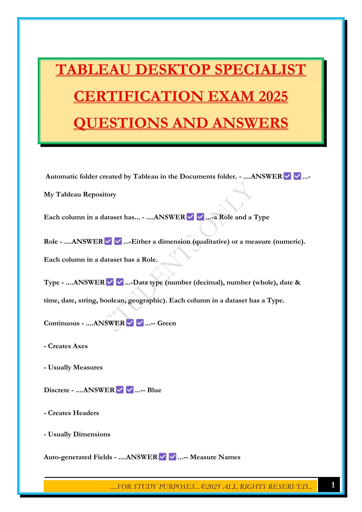 TABLEAU DESKTOP SPECIALIST CERTIFICATION EXAM 2025 QUESTIONS AND ANSWERS