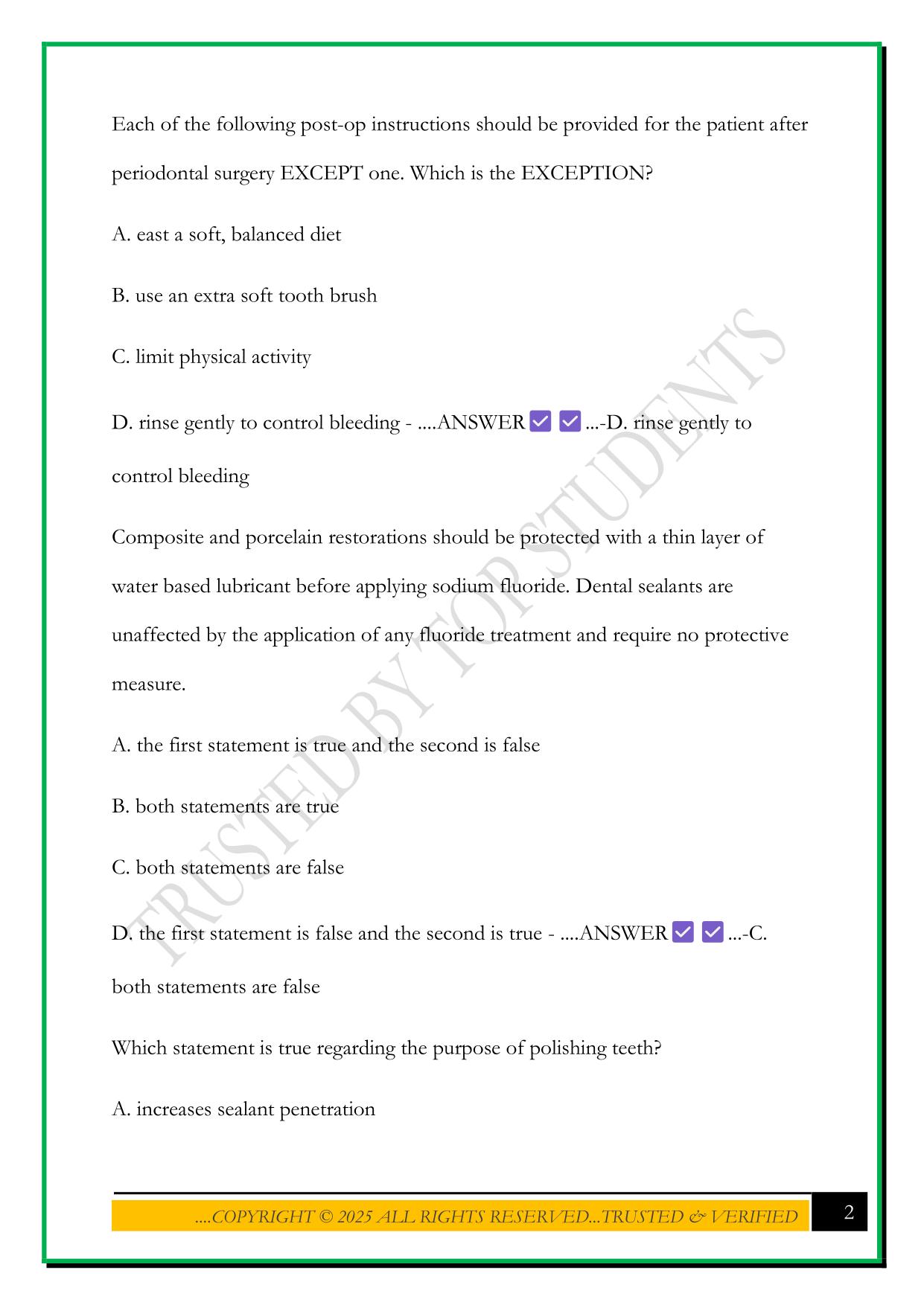 HESI DENTAL HYGIENE - PROVISIONS (VERSION 2) EXAM 2025 QUESTIONS AND ANSWER