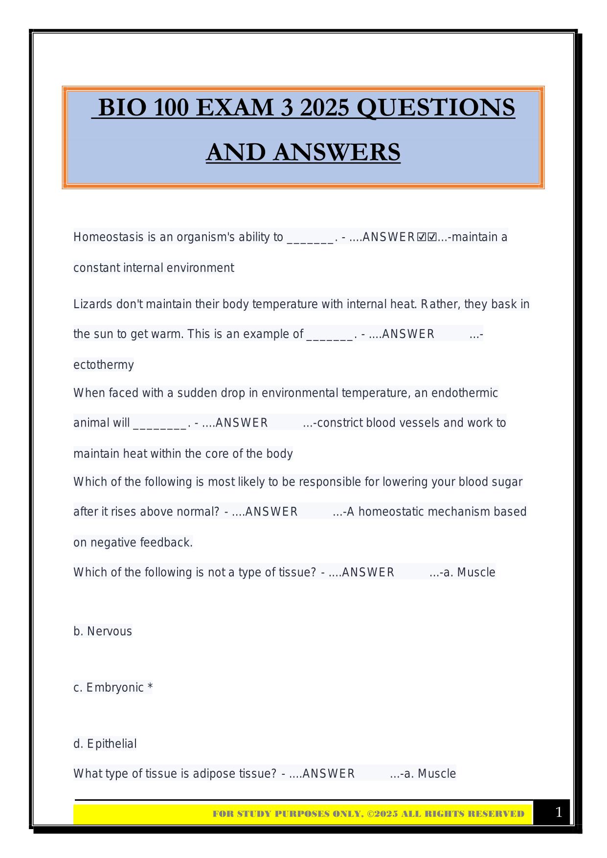 BIO 100 EXAM 3 2025 QUESTIONS AND ANSWERS