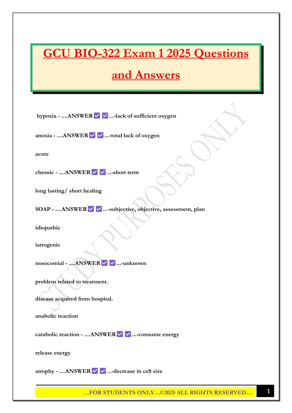 GCU BIO-322 Exam 1 2025 Questions and Answers