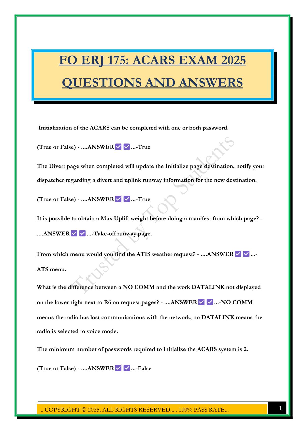 FO ERJ 175: ACARS EXAM 2025 QUESTIONS AND ANSWERS