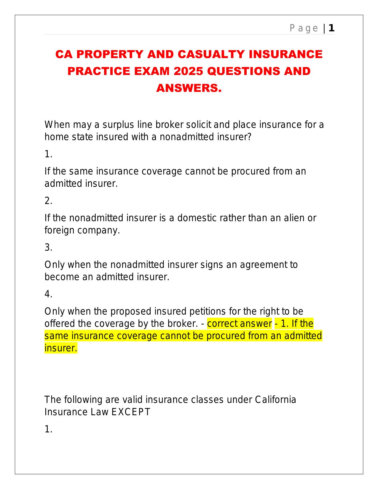 CA PROPERTY AND CASUALTY INSURANCE PRACTICE EXAM 2025 QUESTIONS AND ANSWERS.