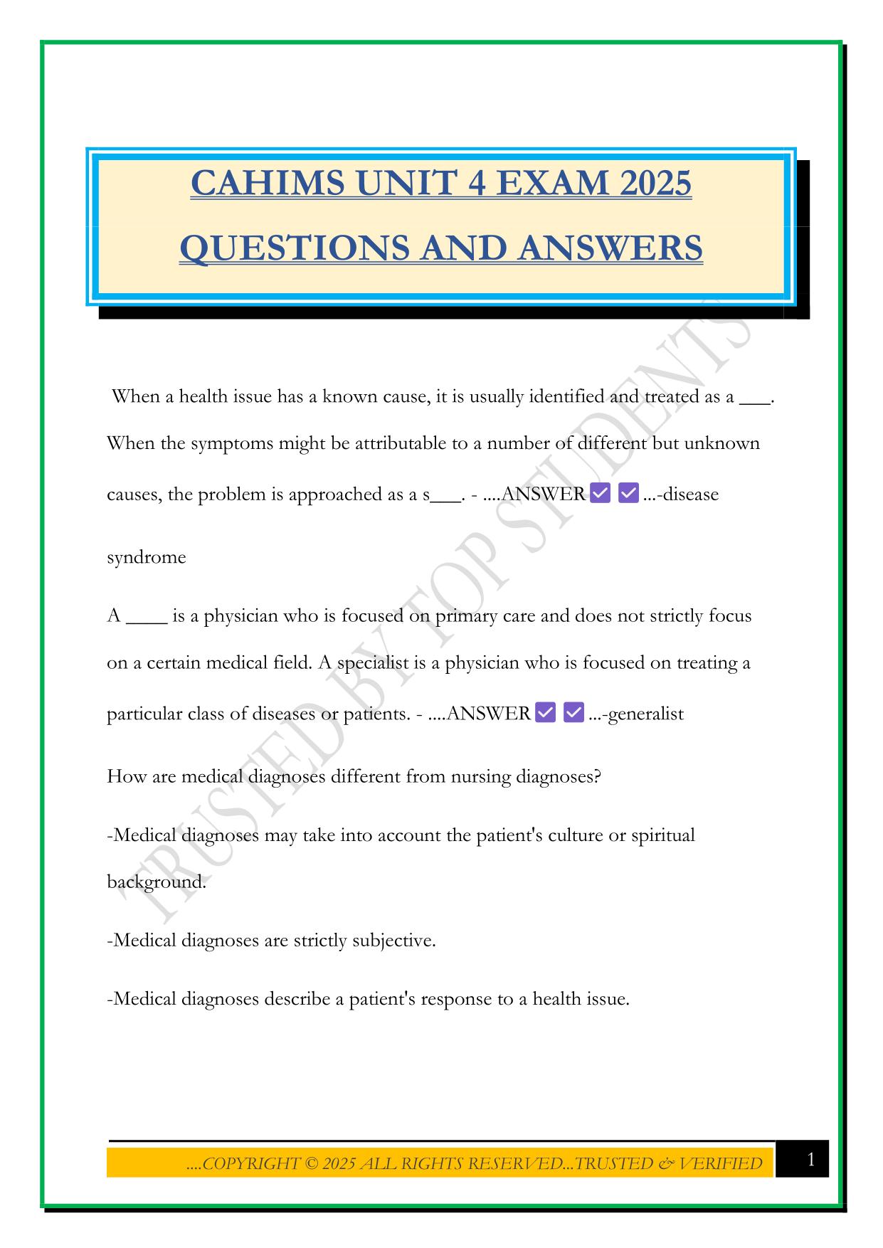 CAHIMS UNIT 4 EXAM 2025 QUESTIONS AND ANSWERS