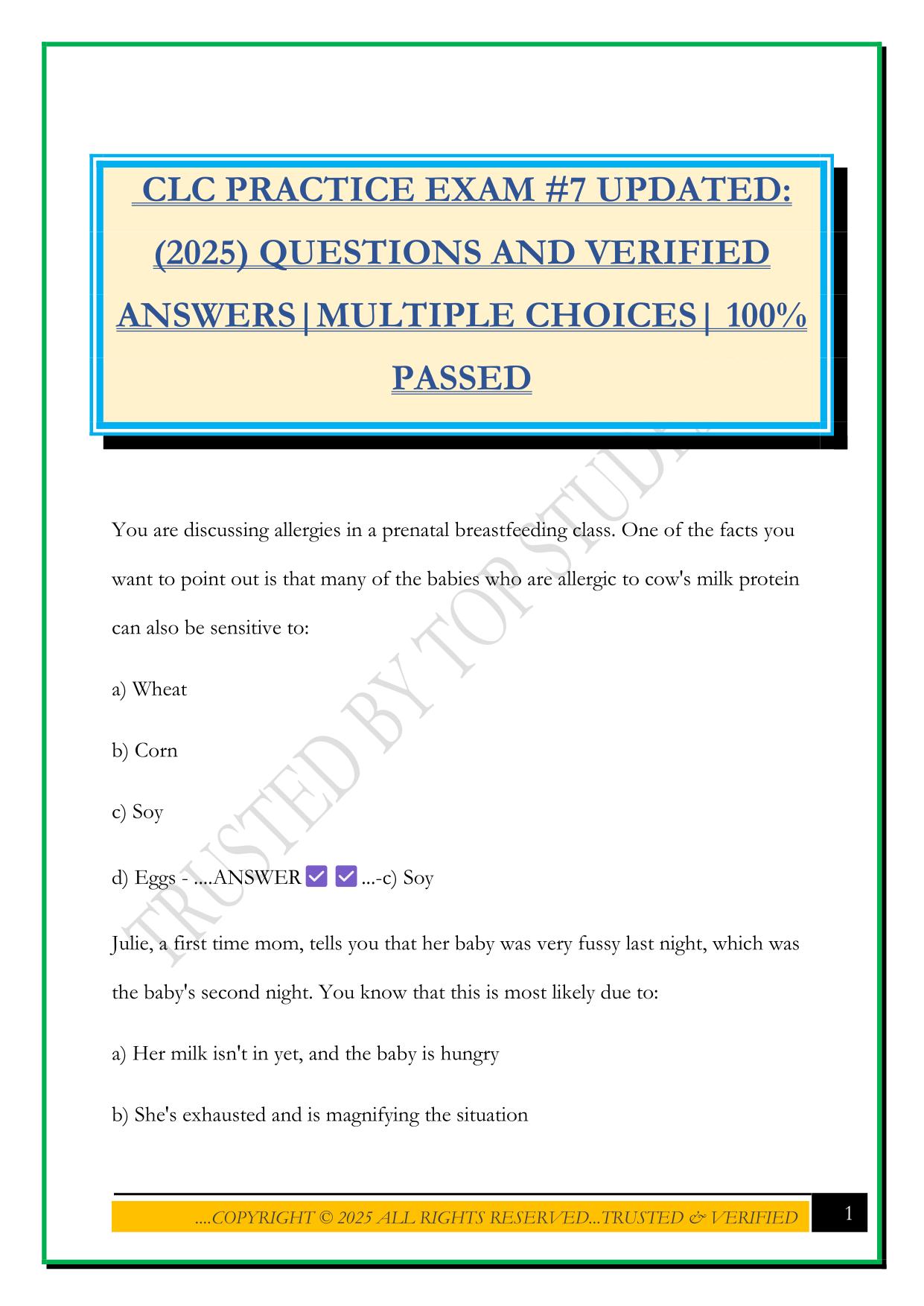 CLC PRACTICE EXAM #7 UPDATED: (2025) QUESTIONS AND VERIFIED ANSWERS|MULTIPLE CHOICES| 100% PASSED
