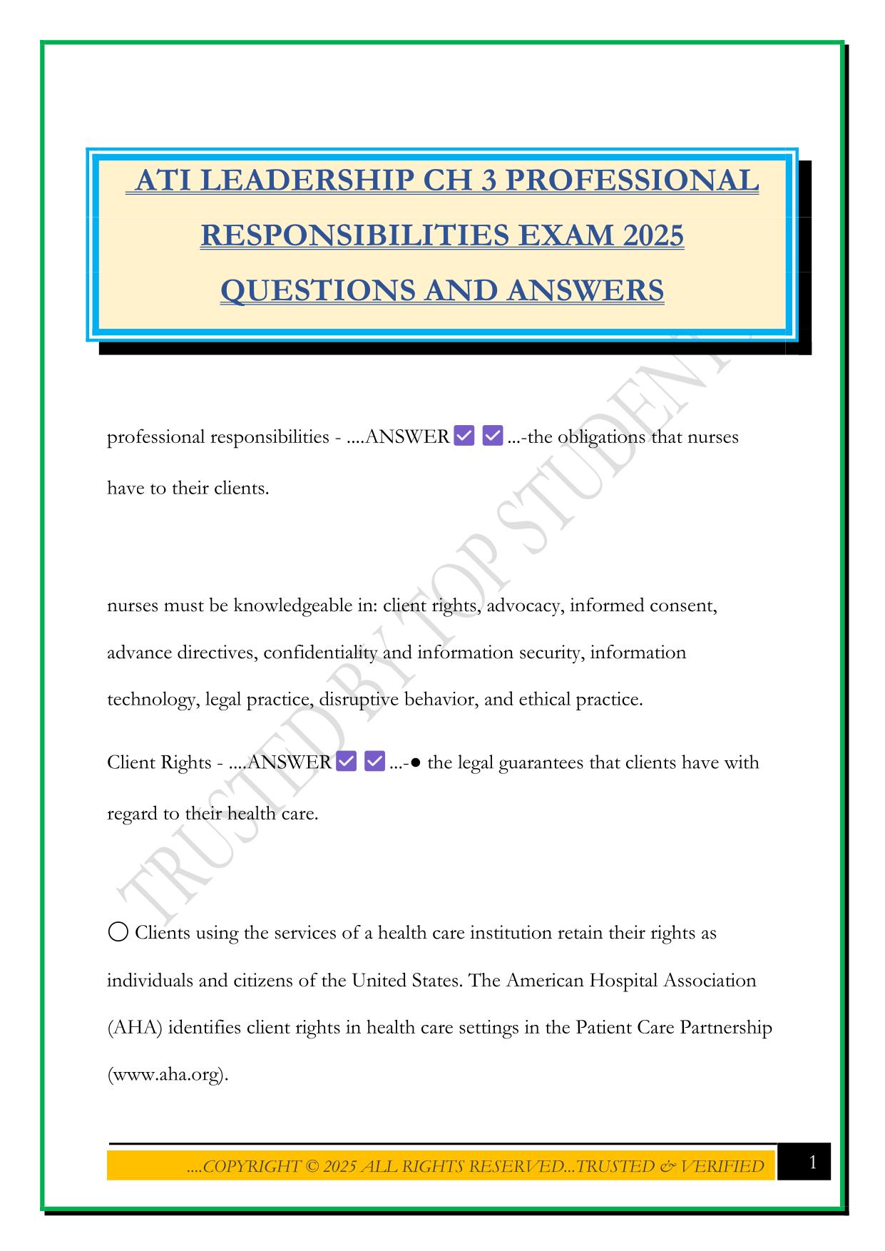 ATI LEADERSHIP CH 3 PROFESSIONAL RESPONSIBILITIES EXAM 2025 QUESTIONS AND ANSWERS
