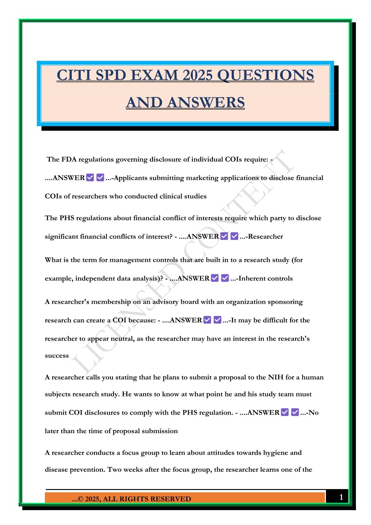 CITI SPD EXAM 2025 QUESTIONS AND ANSWERS