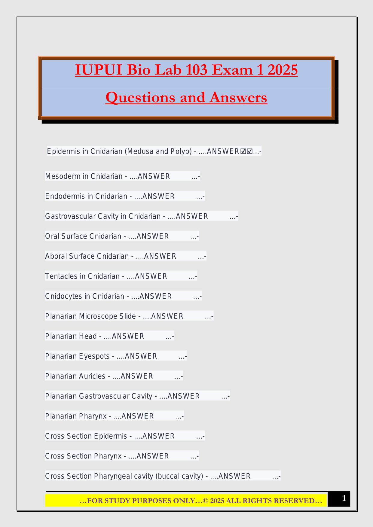 IUPUI Bio Lab 103 Exam 1 2025 Questions and Answers