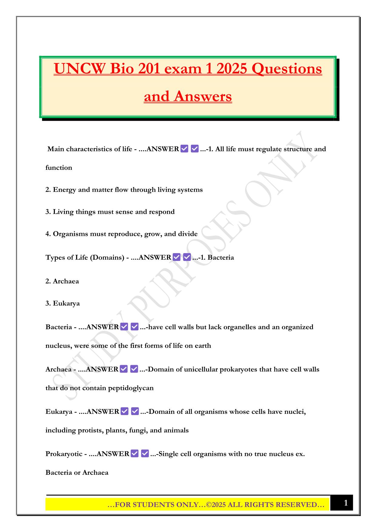 UNCW Bio 201 exam 1 2025 Questions and Answers