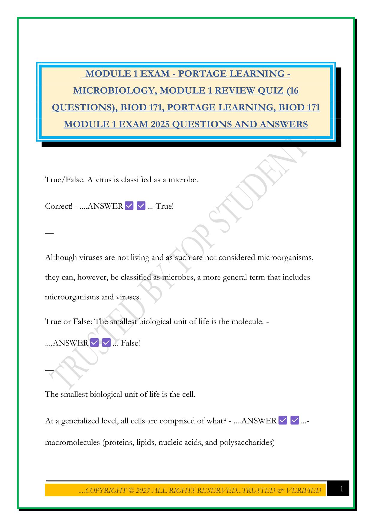 1....COPYRIGHT ©️ 2025 ALL RIGHTS RESERVED...TRUSTED & VERIFIED MODULE 1 EXAM - PORTAGE LEARNING - MICROBIOLOGY, MODULE 1 REVIEW QUIZ (16 QUESTIONS), BIOD 171, PORTAGE LEARNING, BIOD 171 MODULE 1 EXAM 2025 QUESTIONS AND ANSWERS