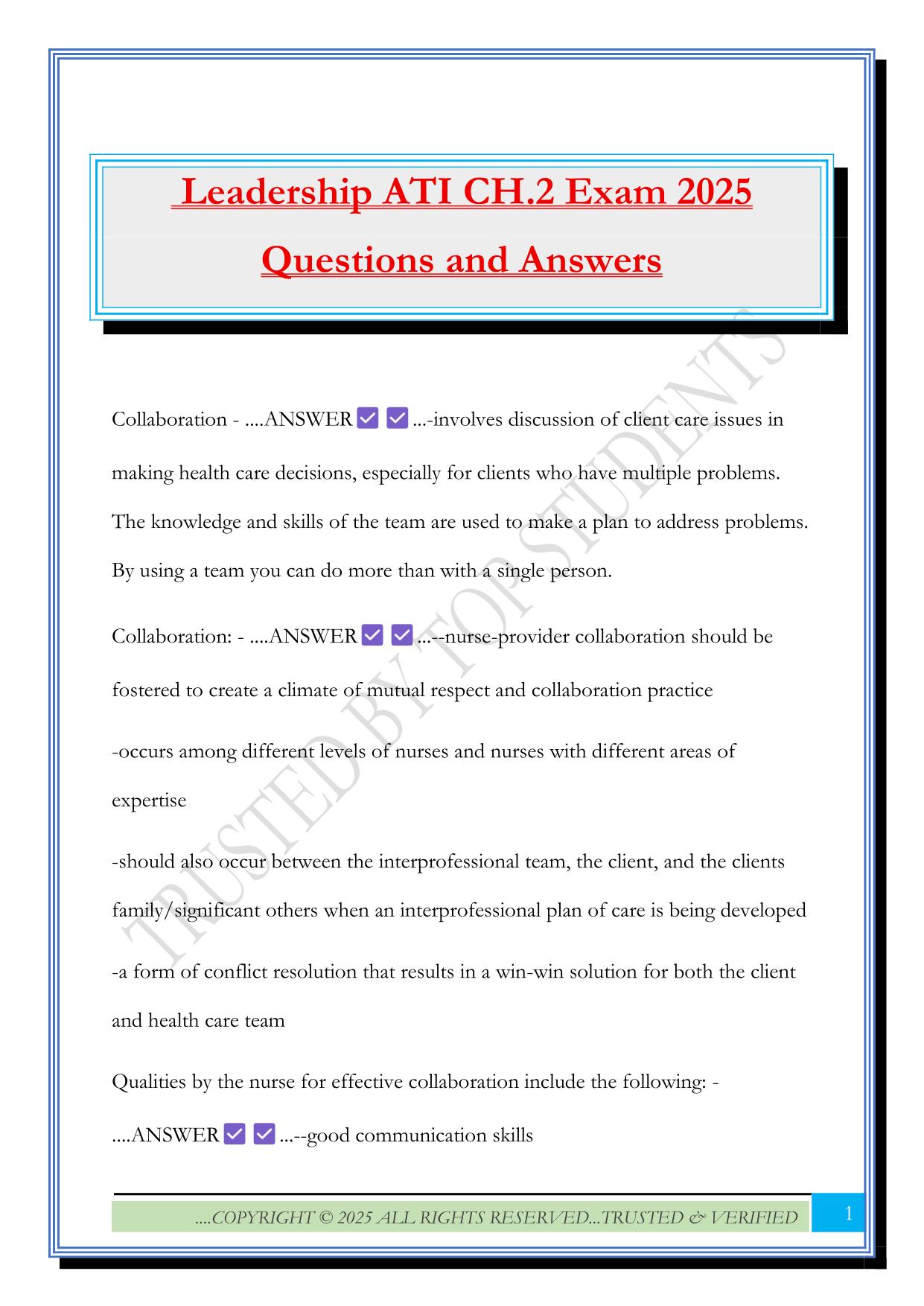 Leadership ATI CH.2 Exam 2025 Questions and Answers