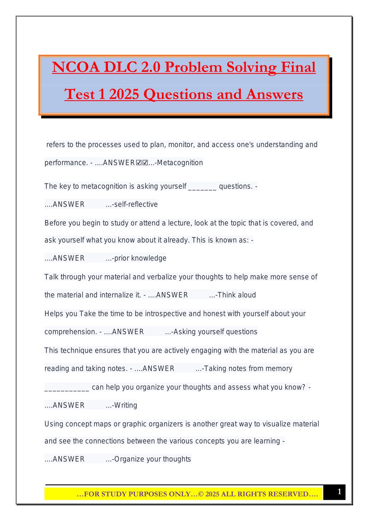NCOA DLC 2.0 Problem Solving Final Test 1 2025 Questions and Answers