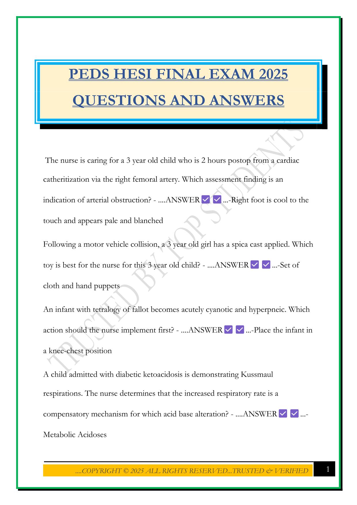 PEDS HESI FINAL EXAM 2025 QUESTIONS AND ANSWERS