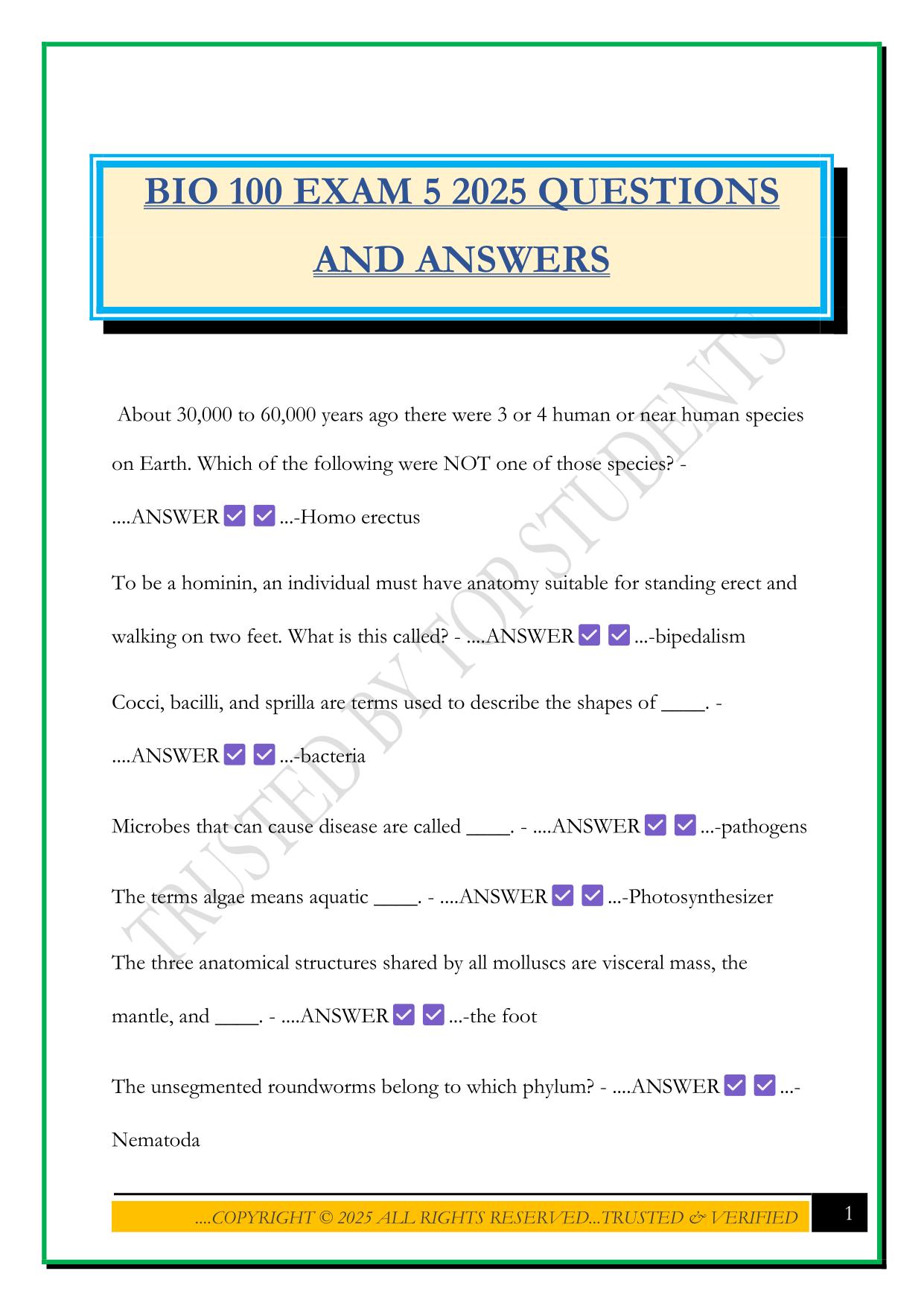BIO 100 EXAM 5 2025 QUESTIONS AND ANSWERS