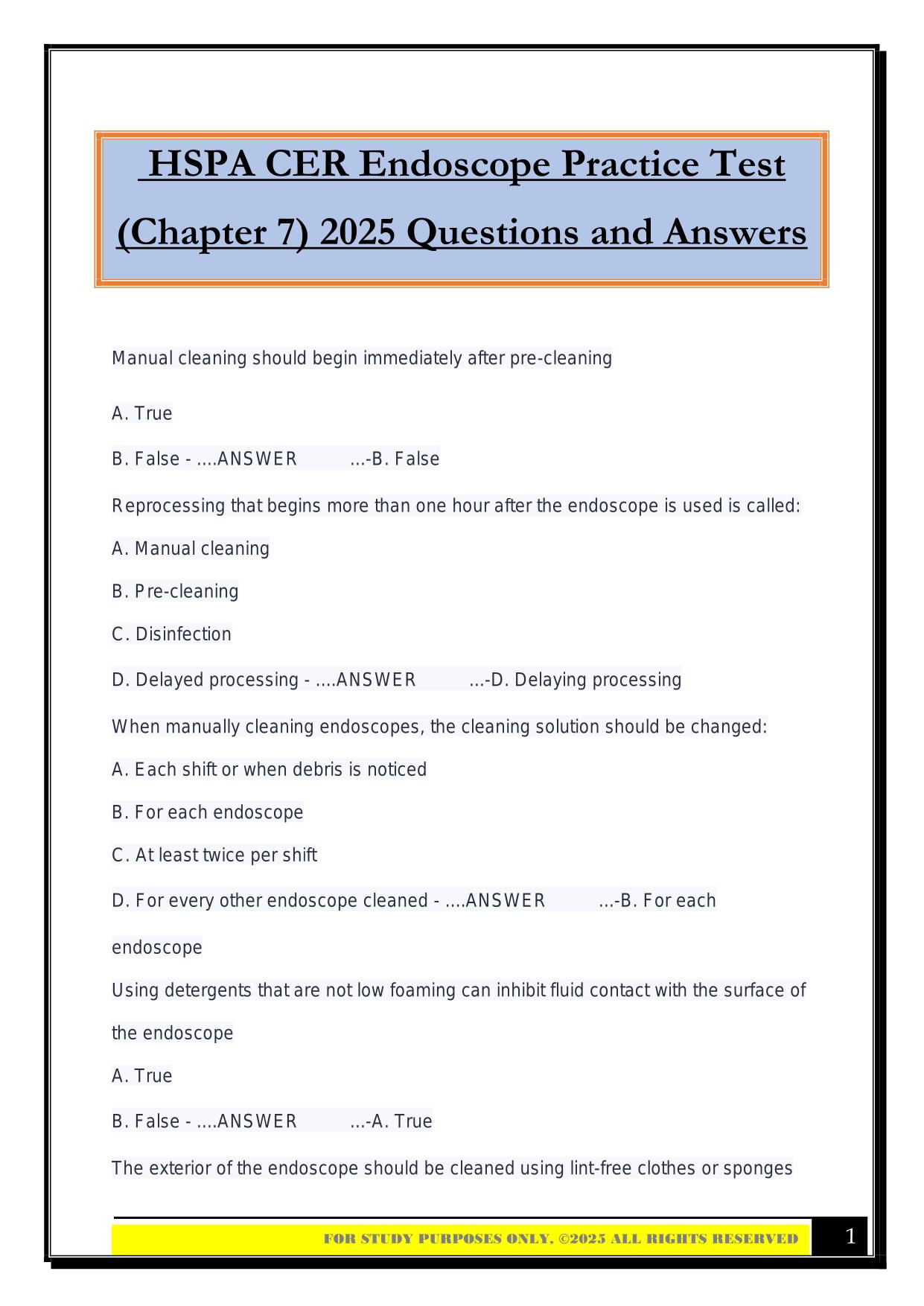 HSPA CER Endoscope Practice Test (Chapter 7) 2025 Questions and Answers