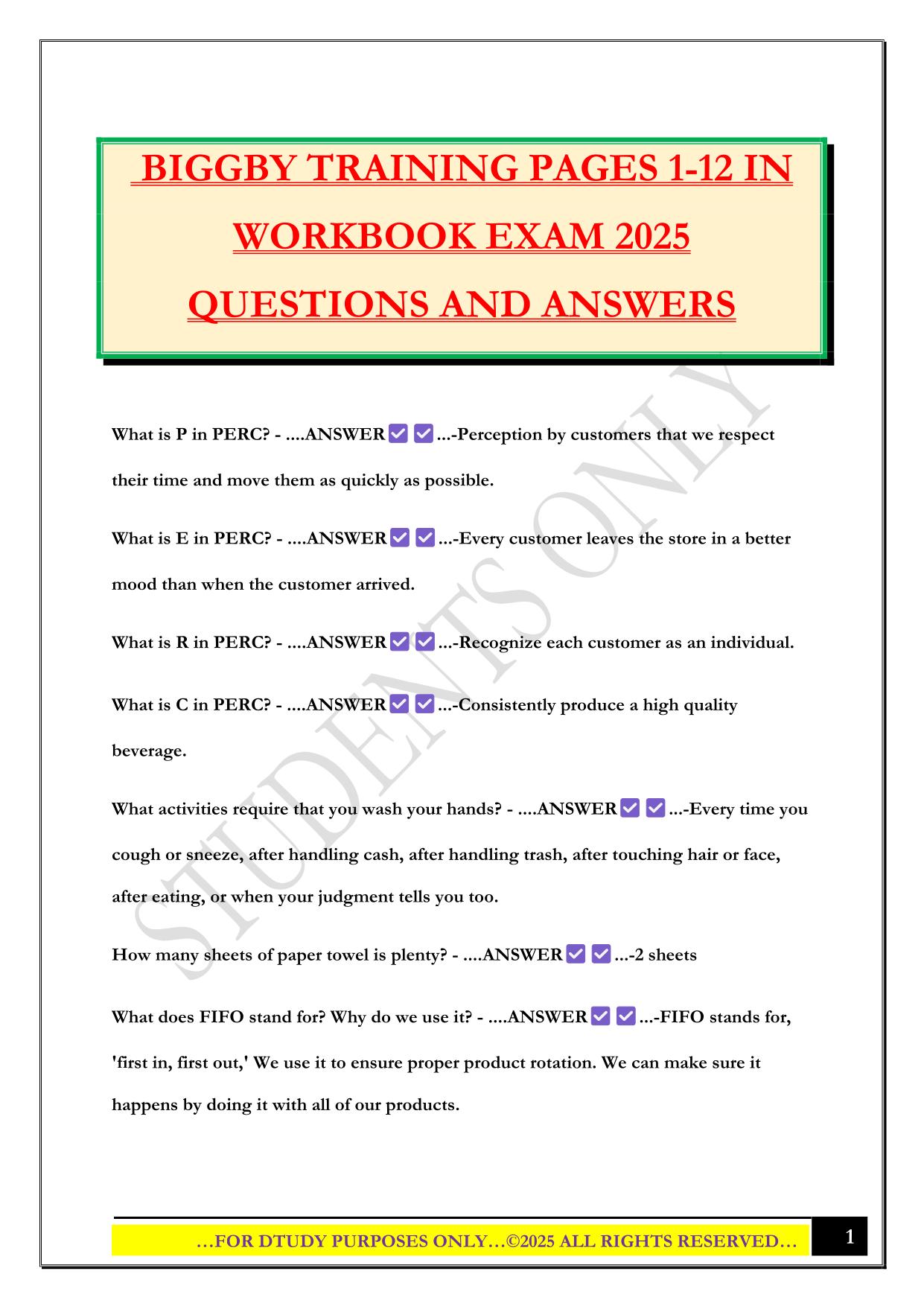 BIGGBY TRAINING PAGES 1-12 IN WORKBOOK EXAM 2025 QUESTIONS AND ANSWERS