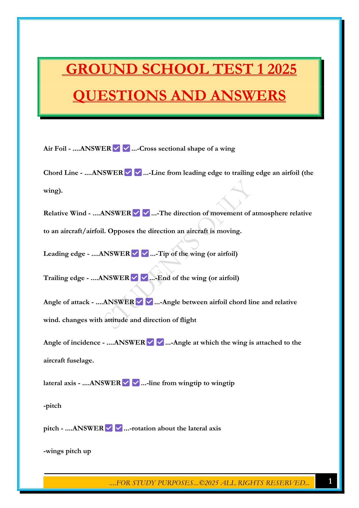 GROUND SCHOOL TEST 1 2025 QUESTIONS AND ANSWERS
