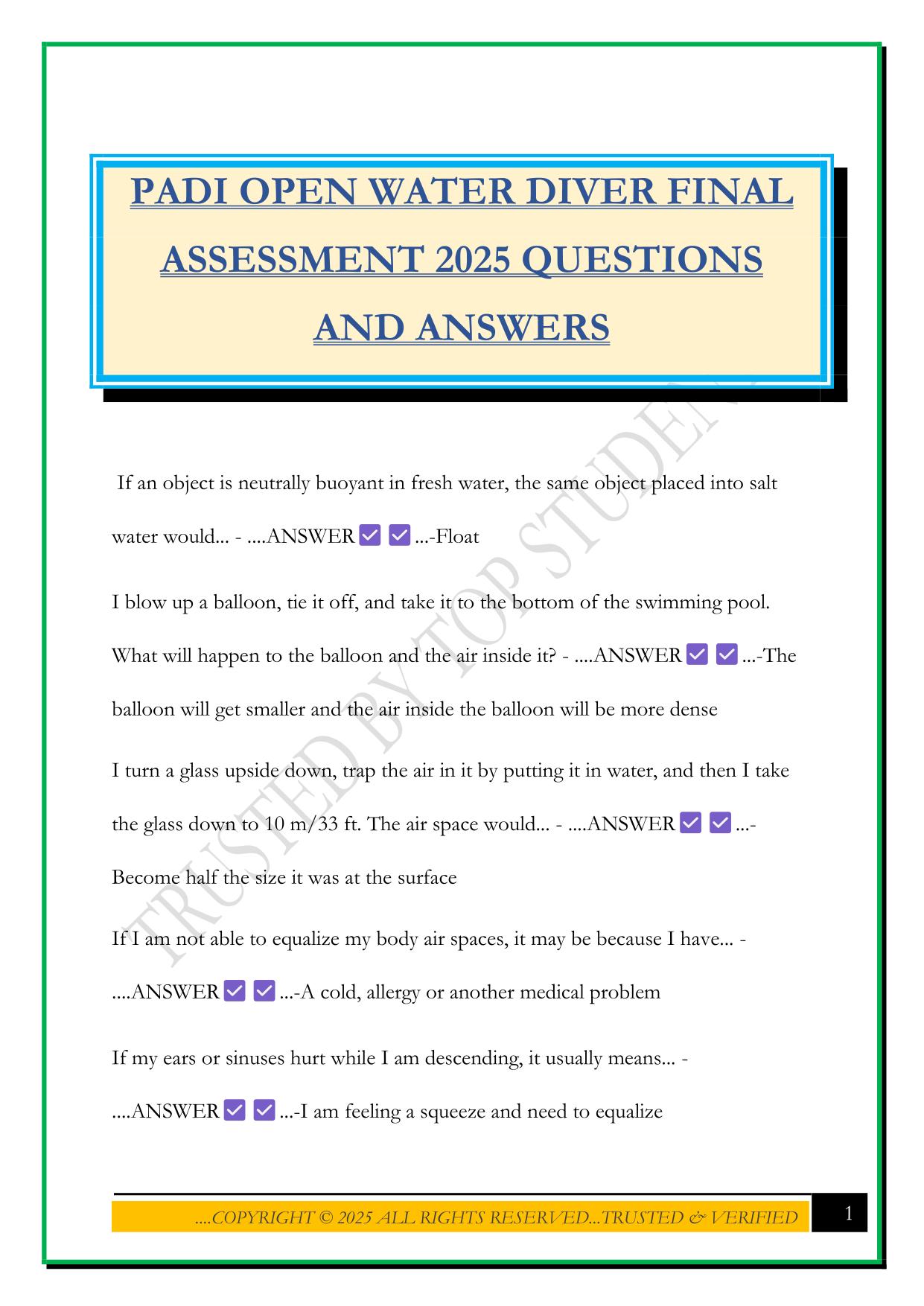 PADI OPEN WATER DIVER FINAL ASSESSMENT 2025 QUESTIONS AND ANSWERS