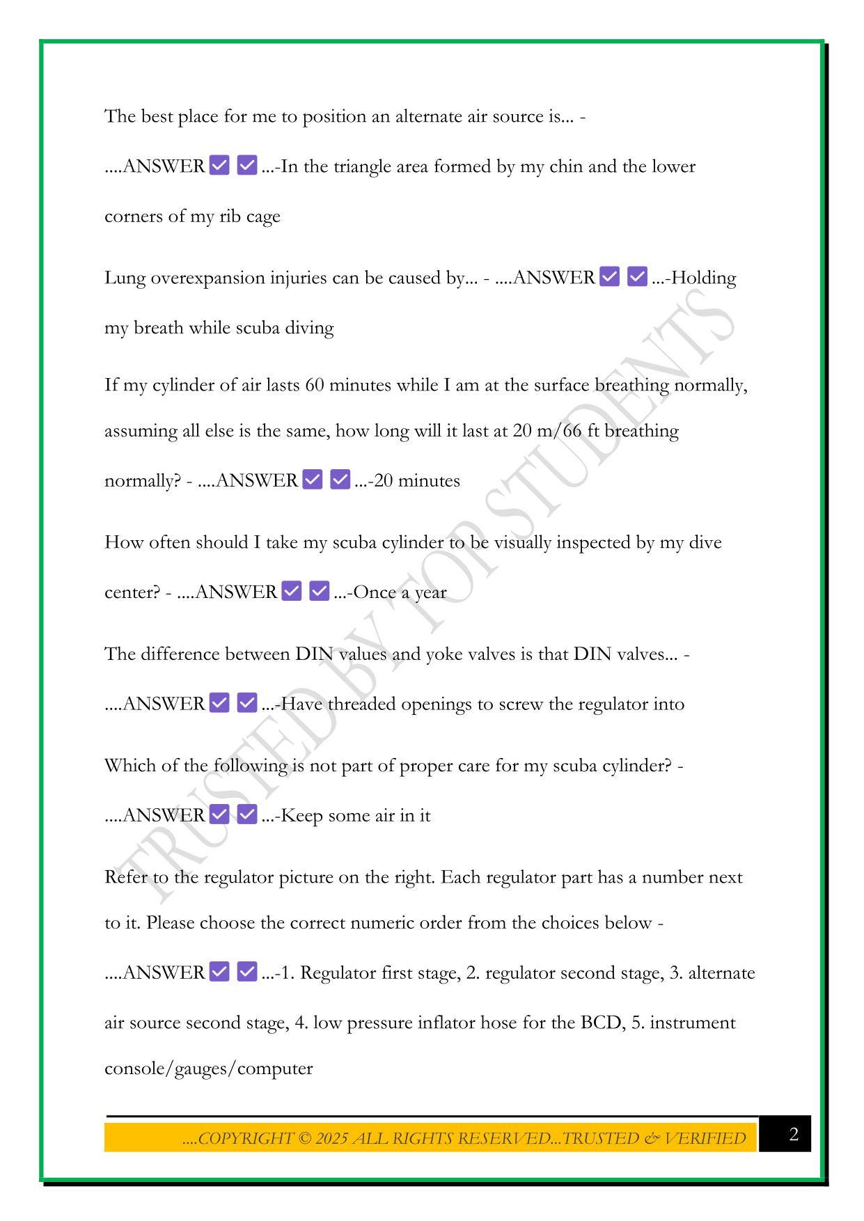 PADI OPEN WATER DIVER FINAL ASSESSMENT 2025 QUESTIONS AND ANSWERS