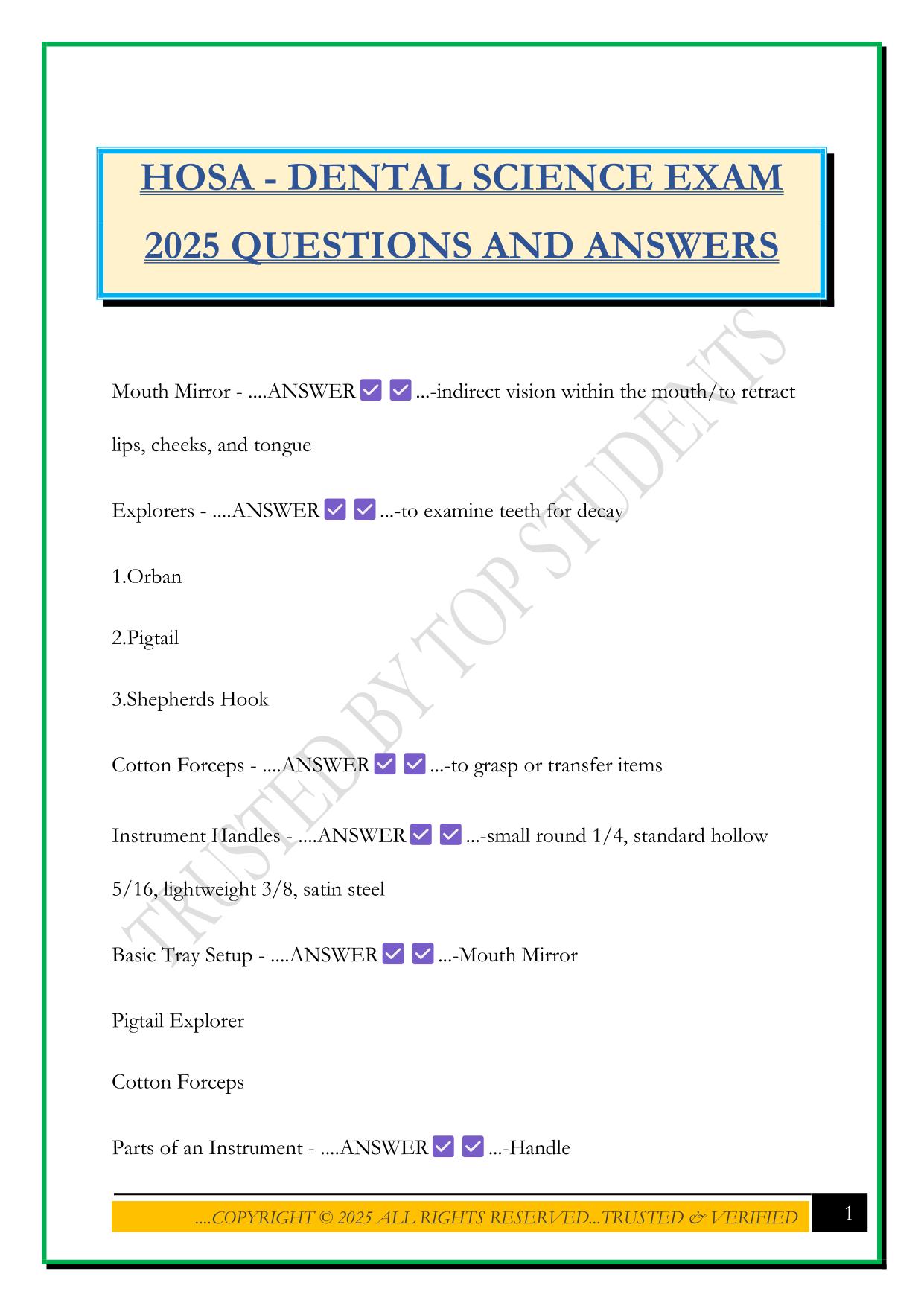 HOSA - DENTAL SCIENCE EXAM 2025 QUESTIONS AND ANSWERS