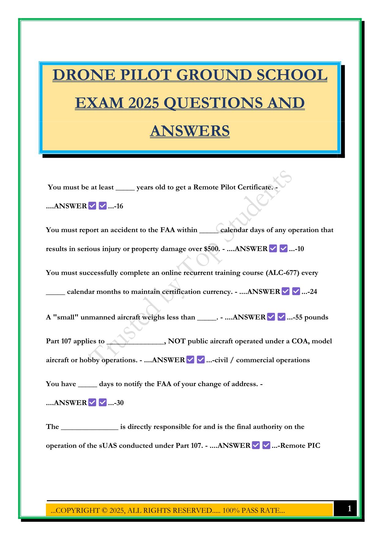 DRONE PILOT GROUND SCHOOL EXAM 2025 QUESTIONS AND ANSWERS