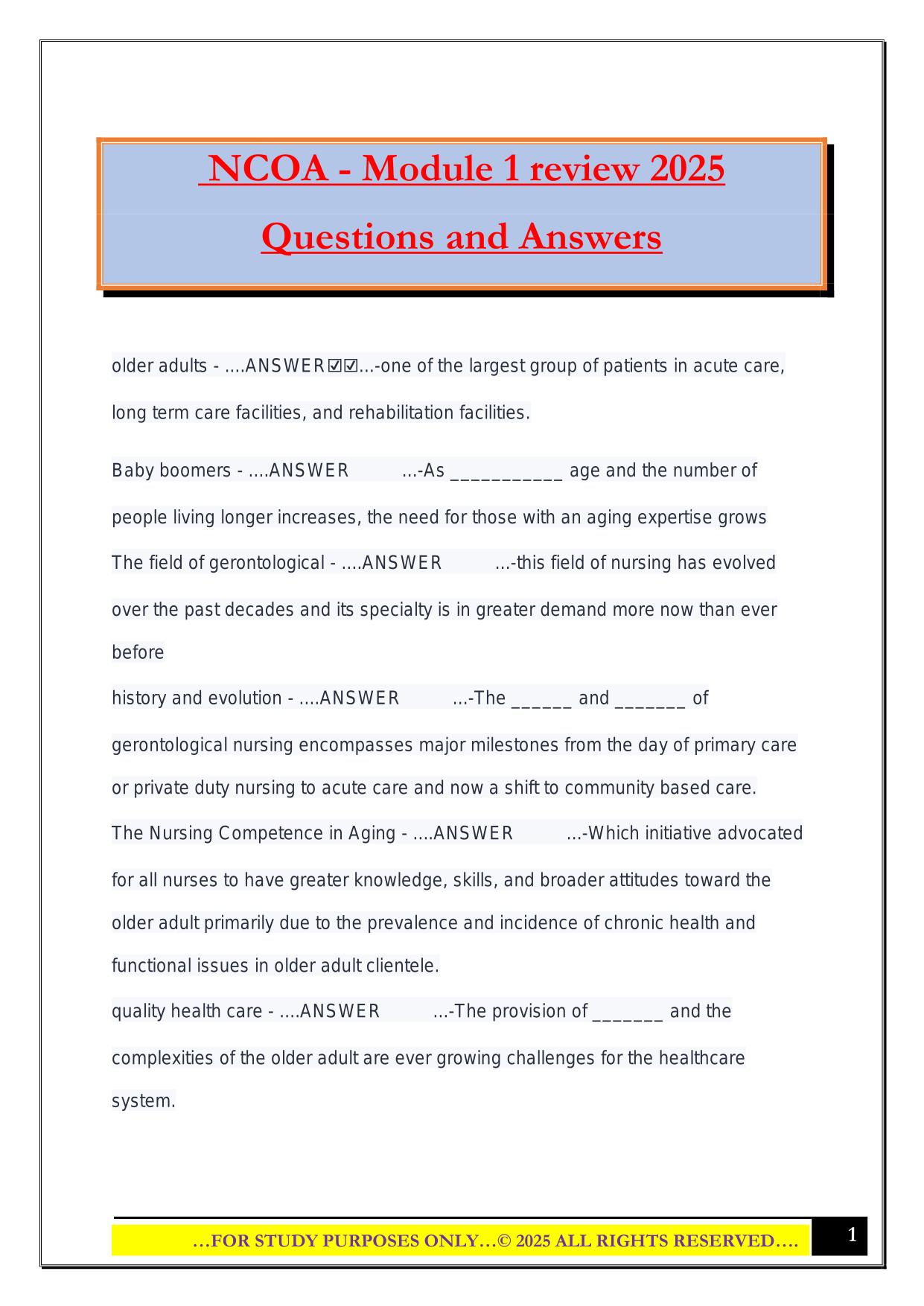NCOA - Module 1 review 2025 Questions and Answers