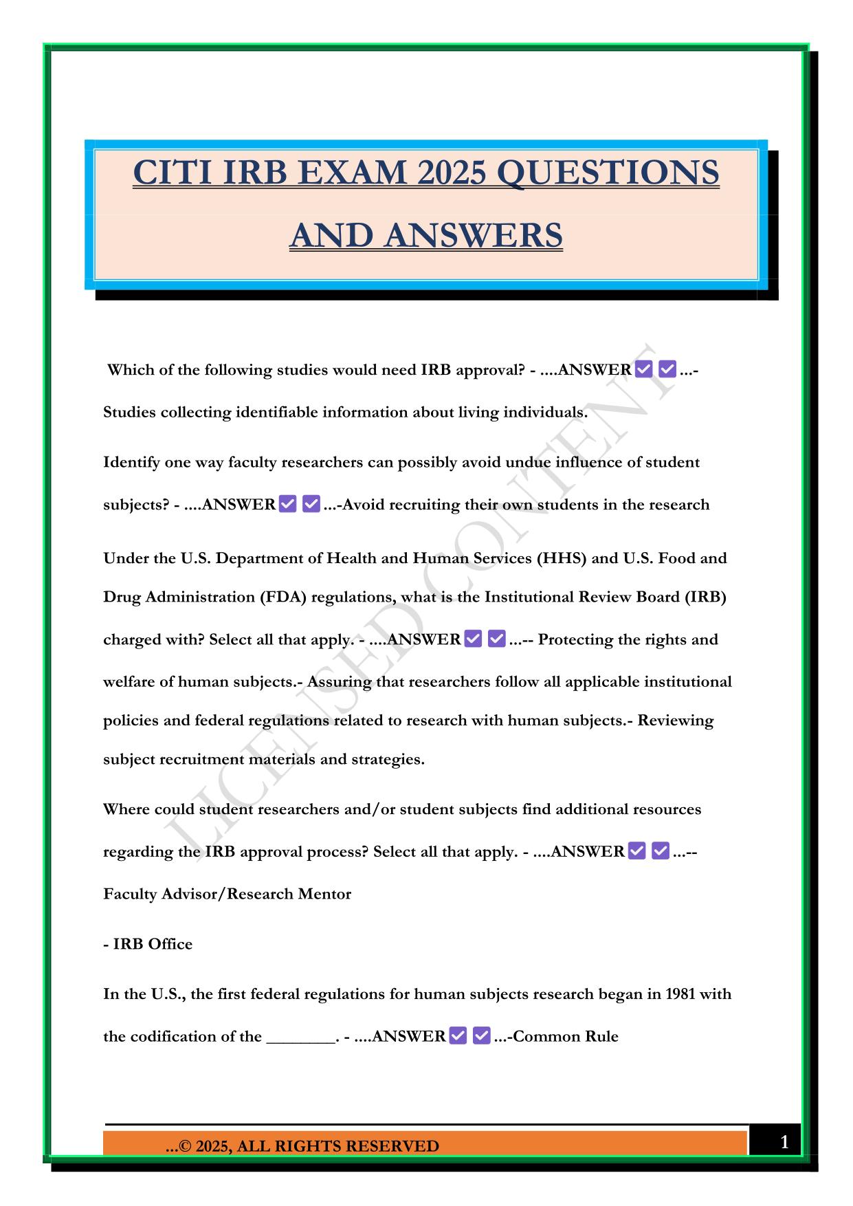 CITI IRB EXAM 2025 QUESTIONS AND ANSWERS