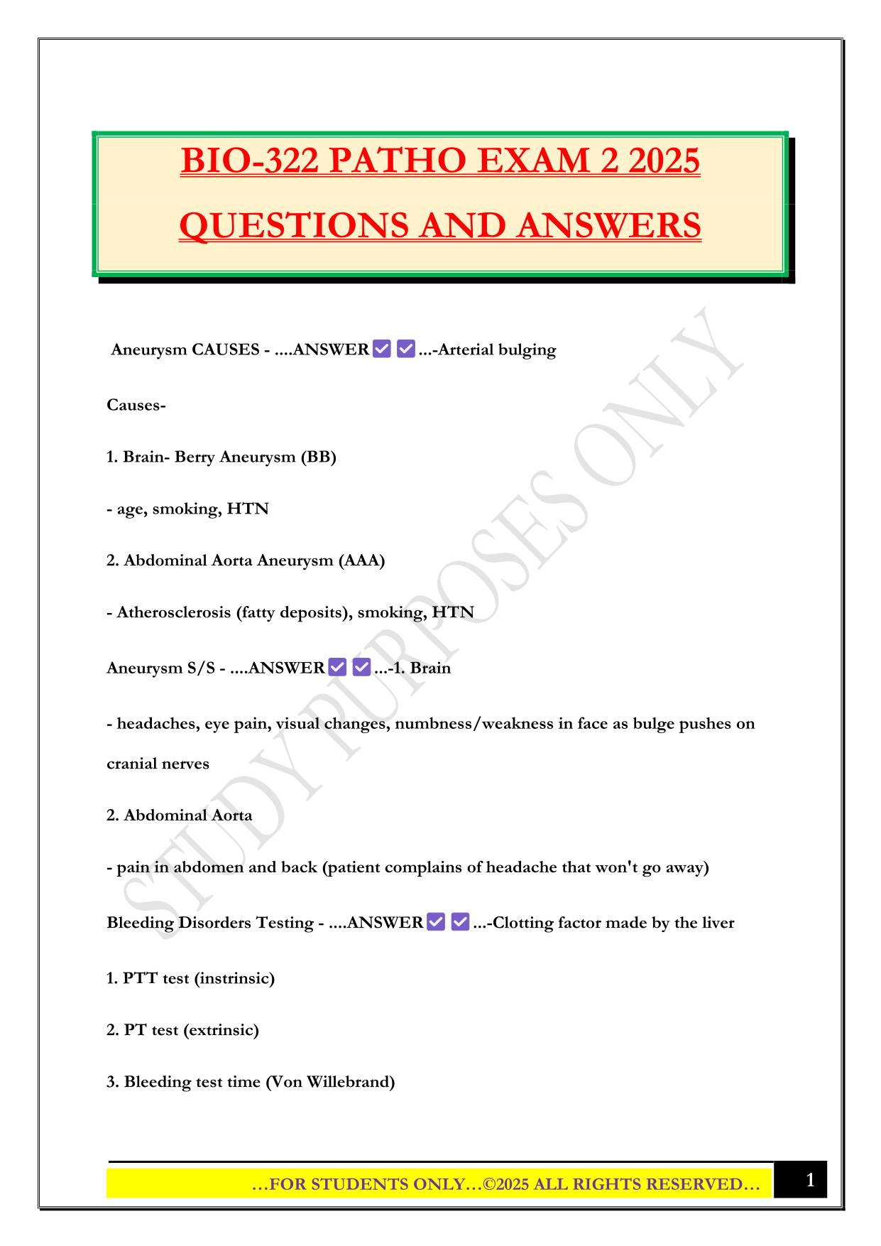 BIO-322 PATHO EXAM 2 2025 QUESTIONS AND ANSWERS