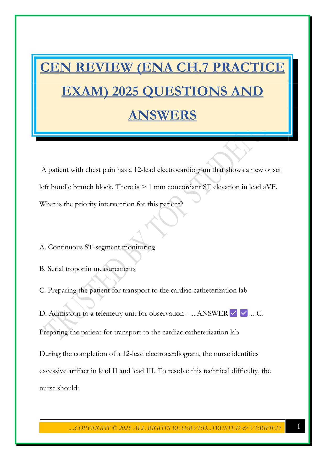 CEN REVIEW (ENA CH.7 PRACTICE EXAM) 2025 QUESTIONS AND ANSWERS
