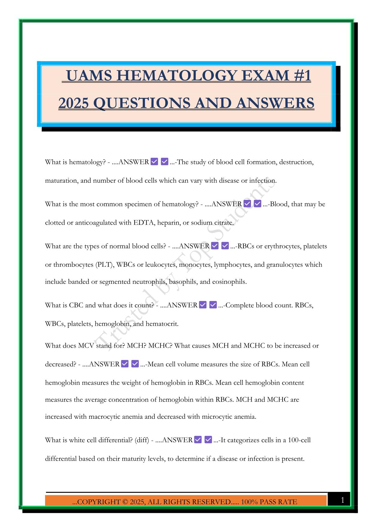 UAMS HEMATOLOGY EXAM #1 2025 QUESTIONS AND ANSWERS