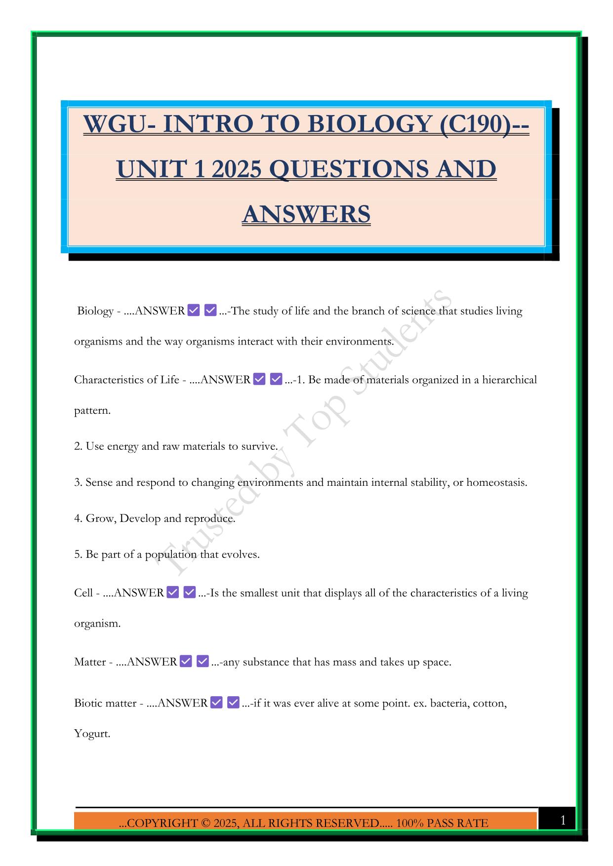 WGU- INTRO TO BIOLOGY (C190)-- UNIT 1 2025 QUESTIONS AND ANSWERS