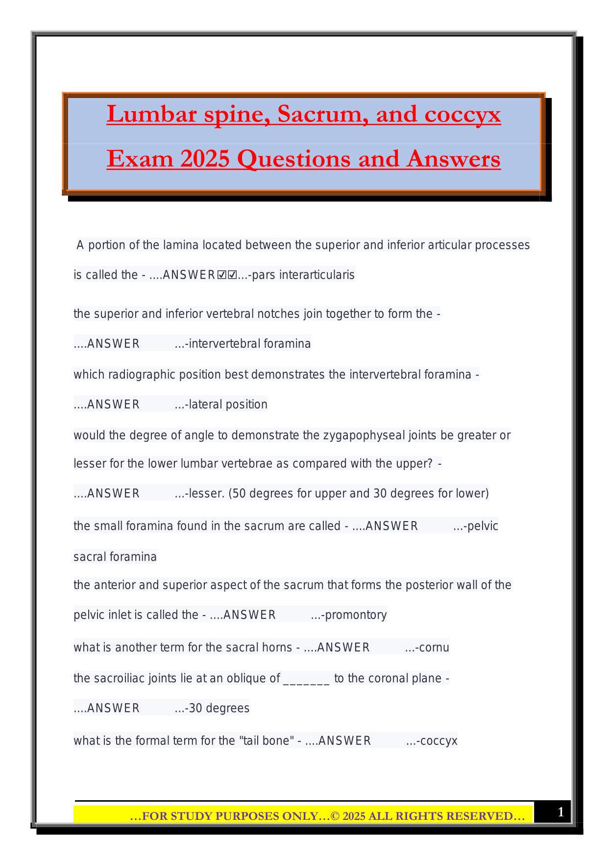 Lumbar spine, Sacrum, and coccyx Exam 2025 Questions and Answers