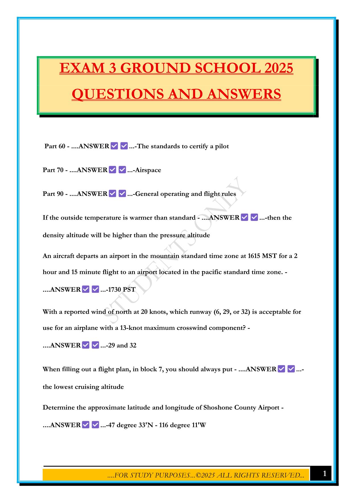 GROUND SCHOOL Bundled Exams 2025/2026 |Questions and Answers |100% Pass